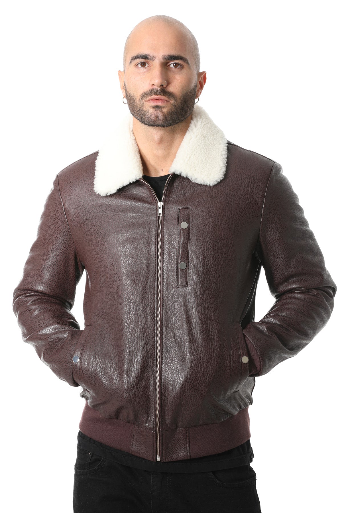 Men's Genuine Leather Bomber Jacket with Shearling Lining, Burgundy Nappa and White Curly Wool