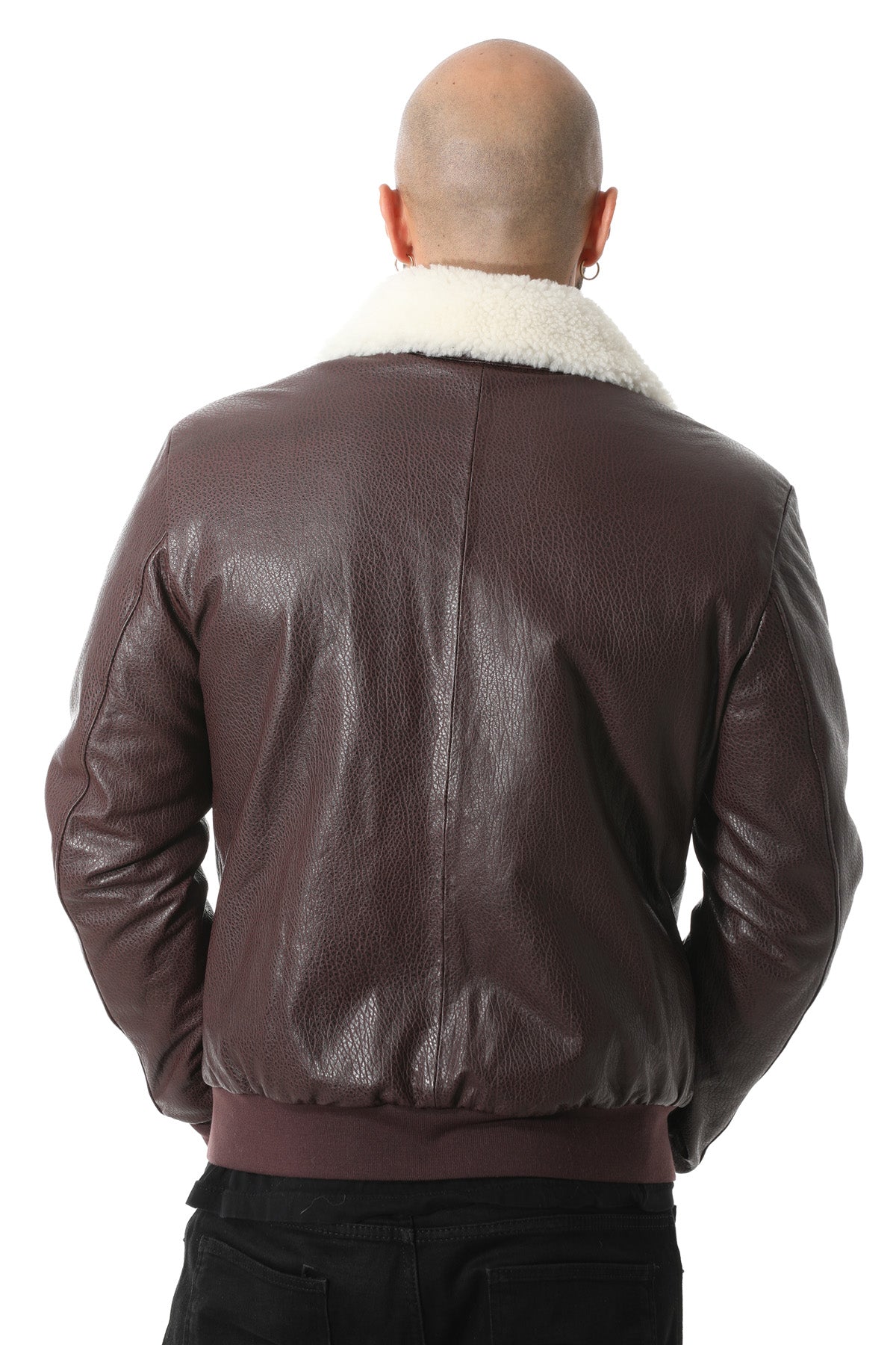 Men's Genuine Leather Bomber Jacket with Shearling Lining, Burgundy Nappa and White Curly Wool