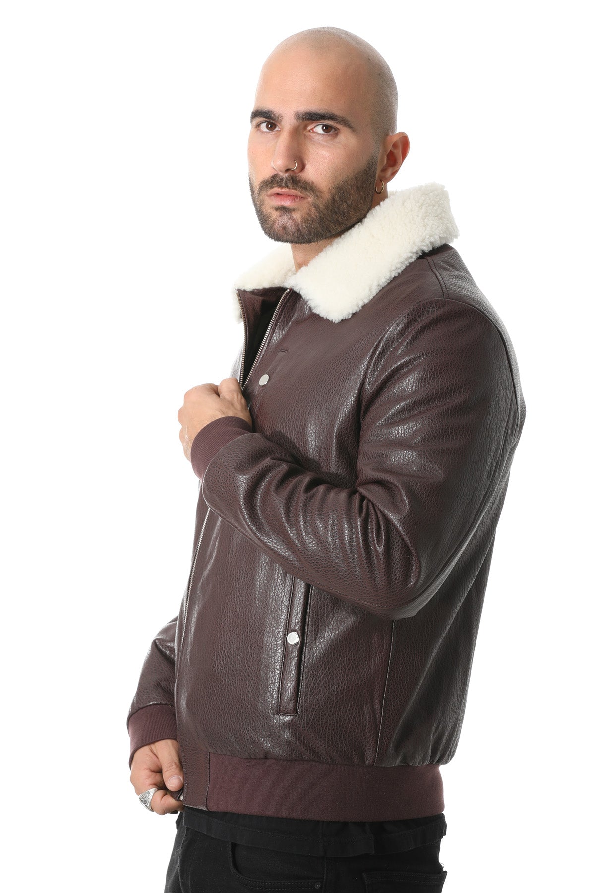 Men's Genuine Leather Bomber Jacket with Shearling Lining, Burgundy Nappa and White Curly Wool