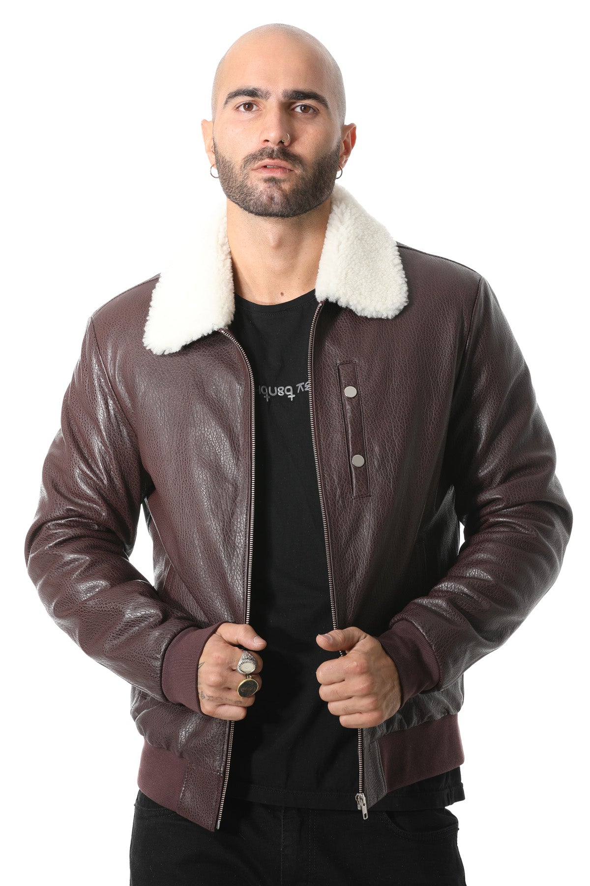 Men's Genuine Leather Bomber Jacket with Shearling Lining, Burgundy Nappa and White Curly Wool