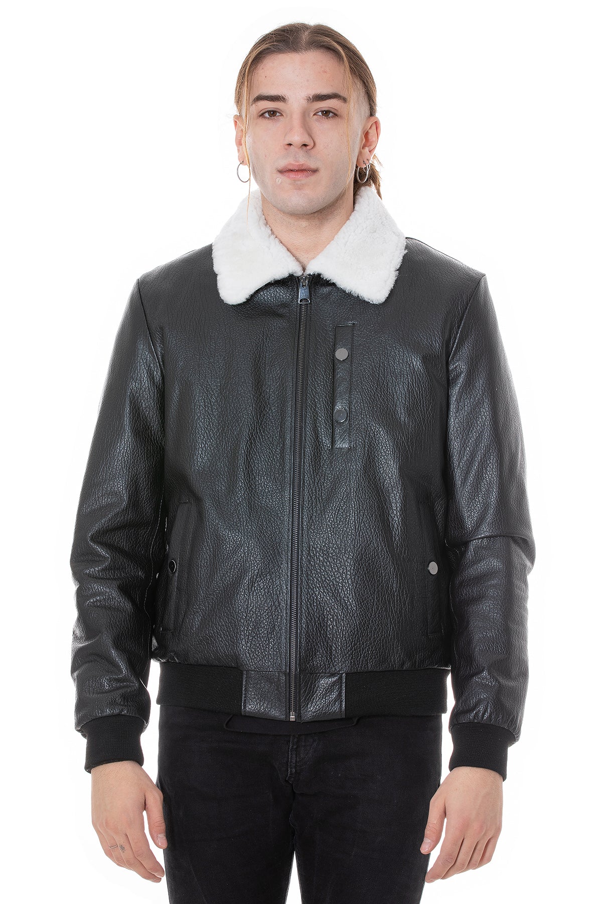 Men's Genuine Leather Bomber Jacket with Shearling Lining, Black Nappa and White Curly Wool