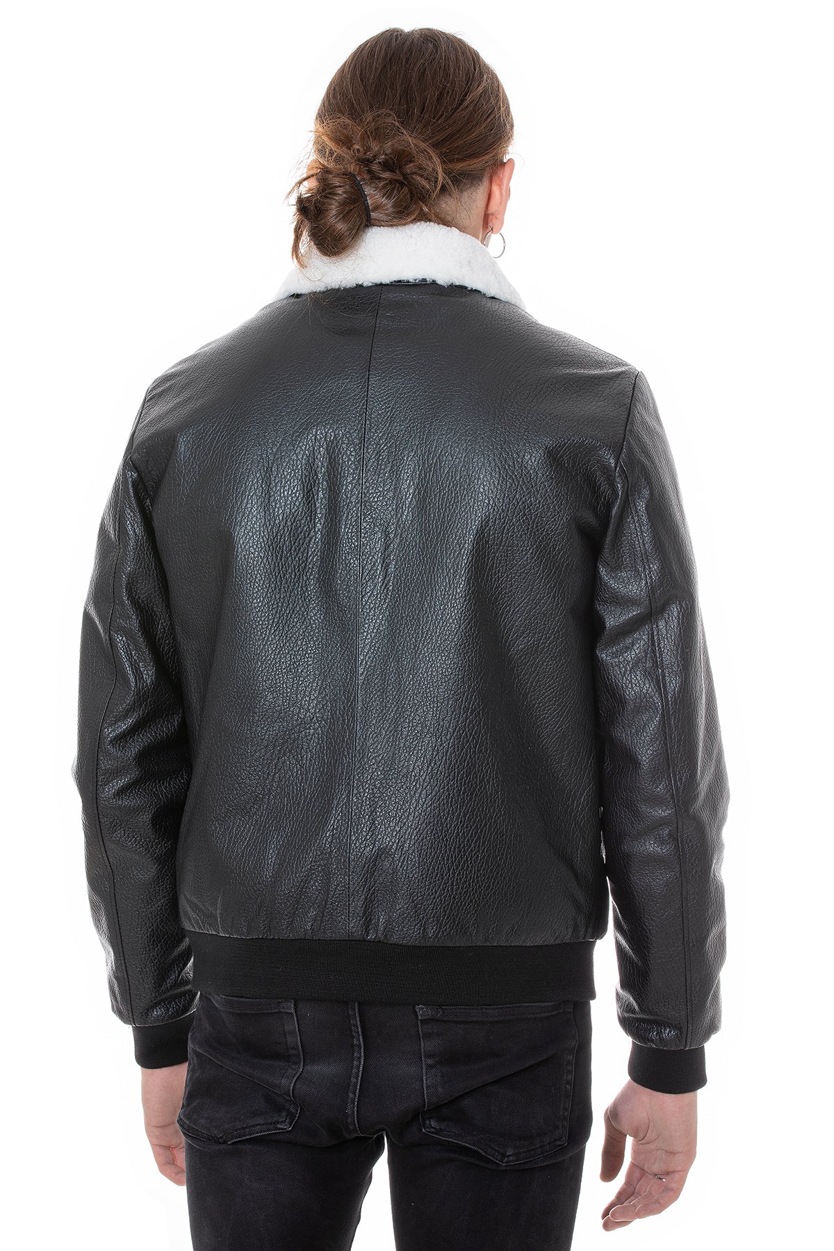 Men's Genuine Leather Bomber Jacket with Shearling Lining, Black Nappa and White Curly Wool