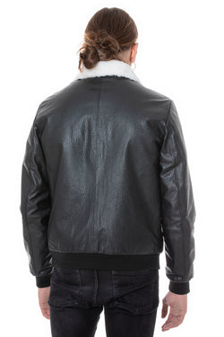 Image of Men's Genuine Leather Bomber Jacket with Shearling Lining, Black Nappa and White Curly Wool