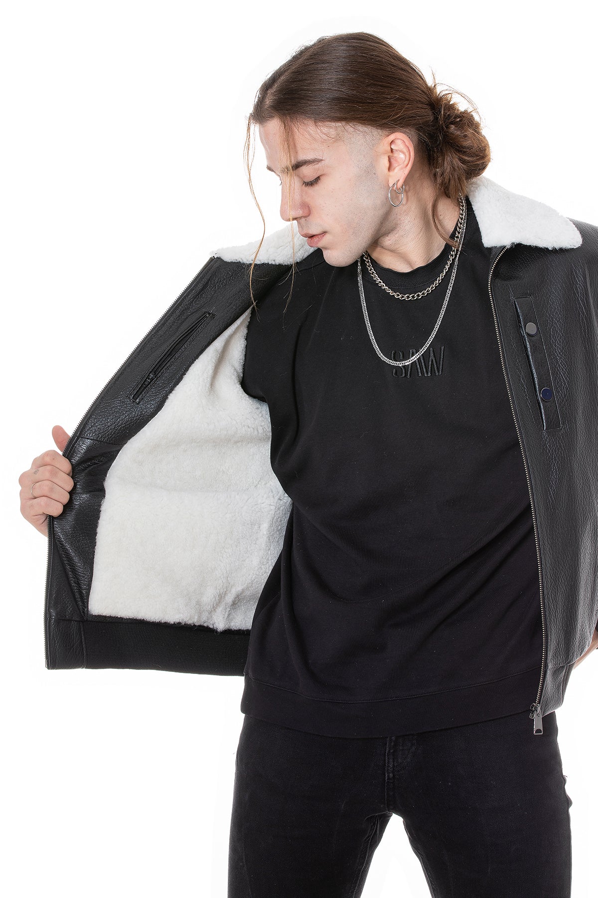 Men's Genuine Leather Bomber Jacket with Shearling Lining, Black Nappa and White Curly Wool