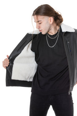 Image of Men's Genuine Leather Bomber Jacket with Shearling Lining, Black Nappa and White Curly Wool