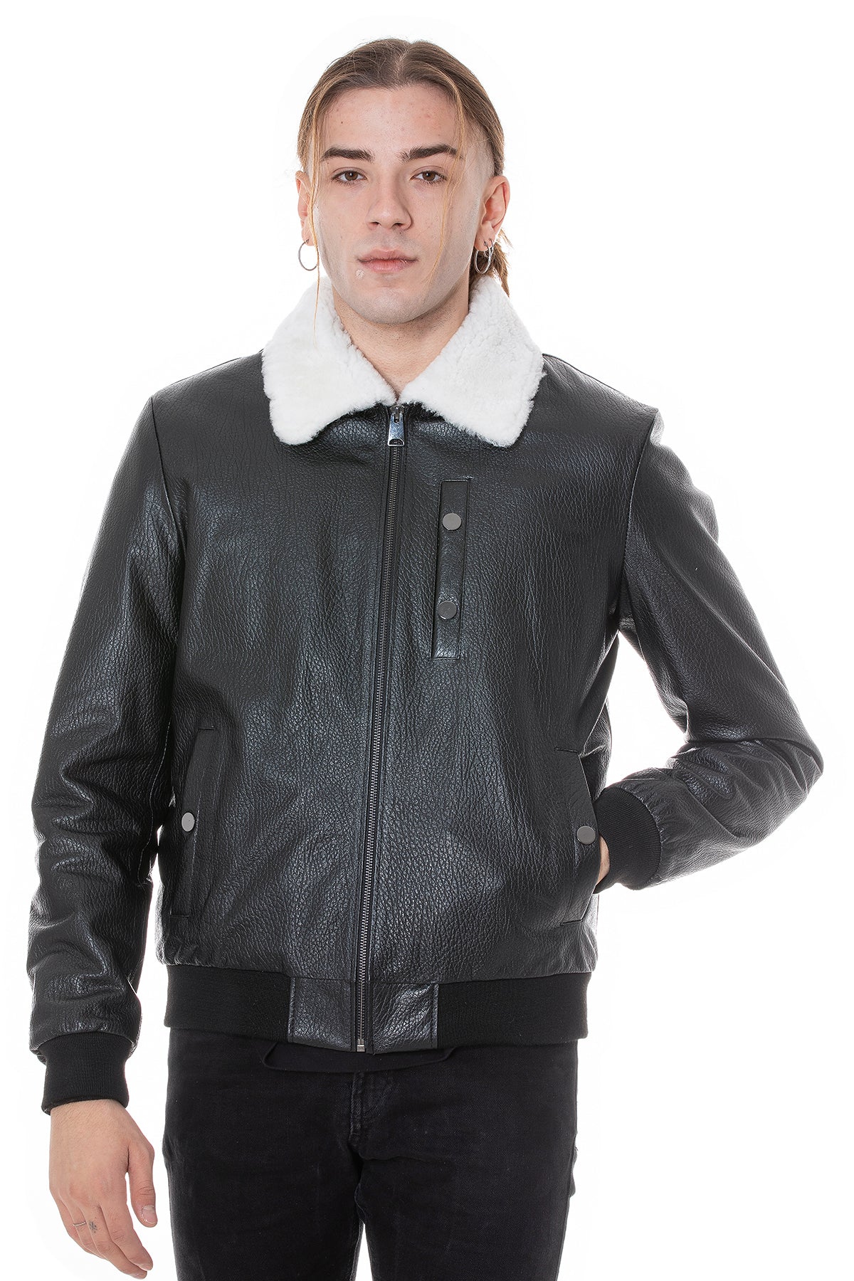 Men's Genuine Leather Bomber Jacket with Shearling Lining, Black Nappa and White Curly Wool