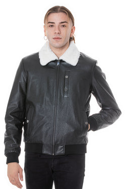 Image of Men's Genuine Leather Bomber Jacket with Shearling Lining, Black Nappa and White Curly Wool