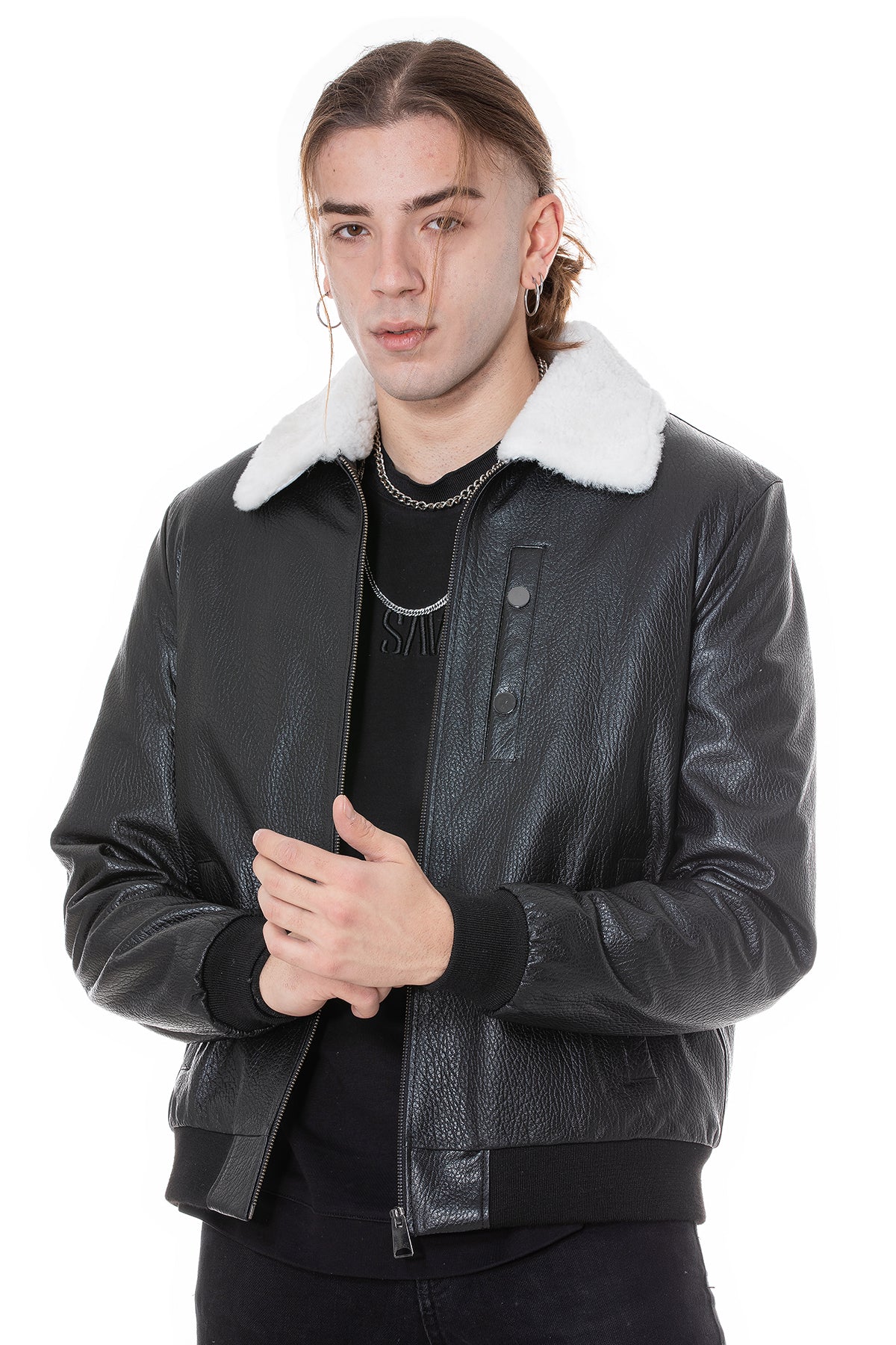 Men's Genuine Leather Bomber Jacket with Shearling Lining, Black Nappa and White Curly Wool