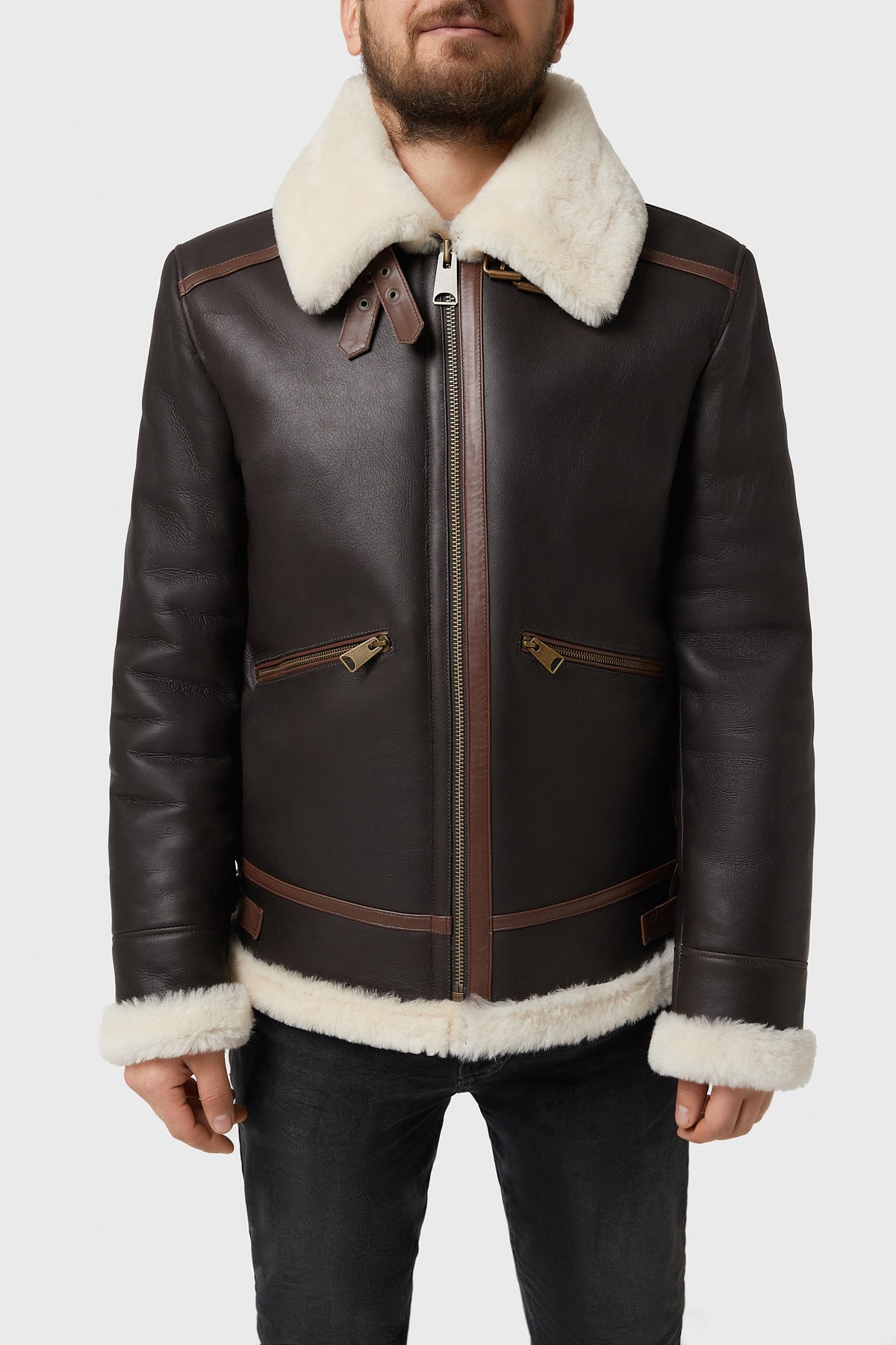 Men's Shearling Zipper Pockets Aviator Jacket, Silky Brown with Beige Wool