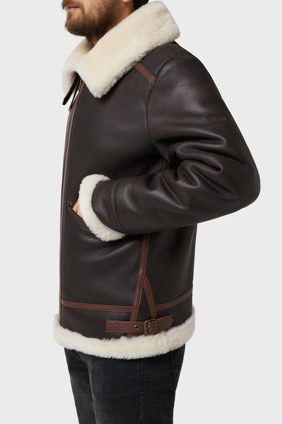 Men's Shearling Zipper Pockets Aviator Jacket, Silky Brown with Beige Wool