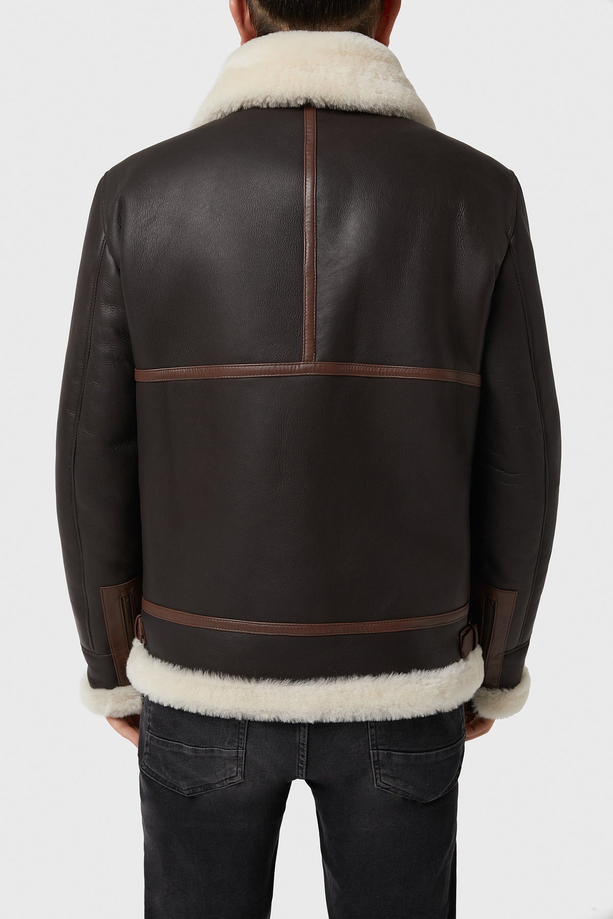 Men's Shearling Zipper Pockets Aviator Jacket, Silky Brown with Beige Wool