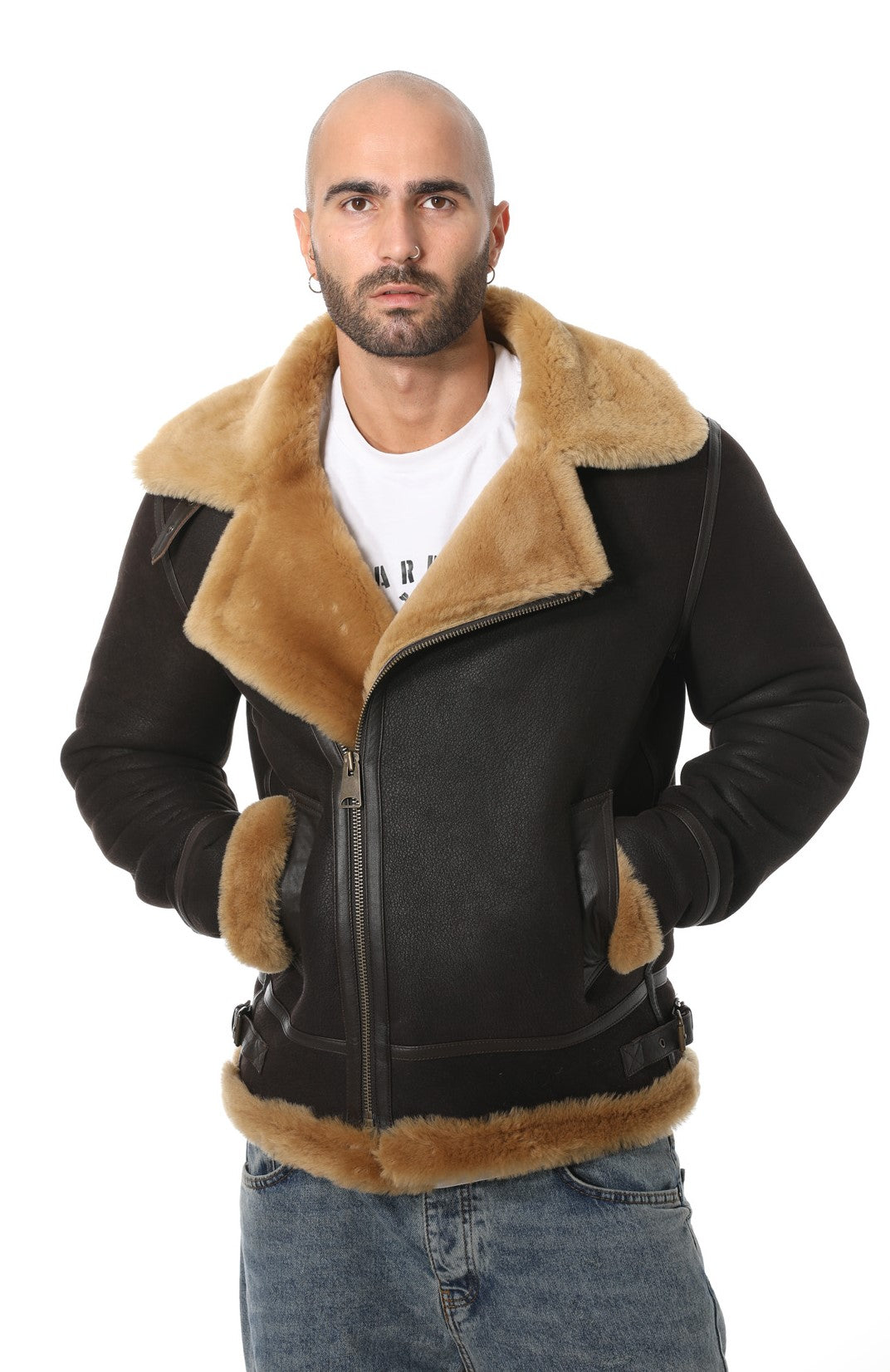 Men's Shearling Biker Jacket, Washed Brown with Ginger Wool