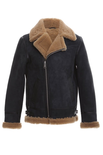 Mens Shearling Pilot Jacket - Suede Anthracite - Ginger Curly Wool - 1