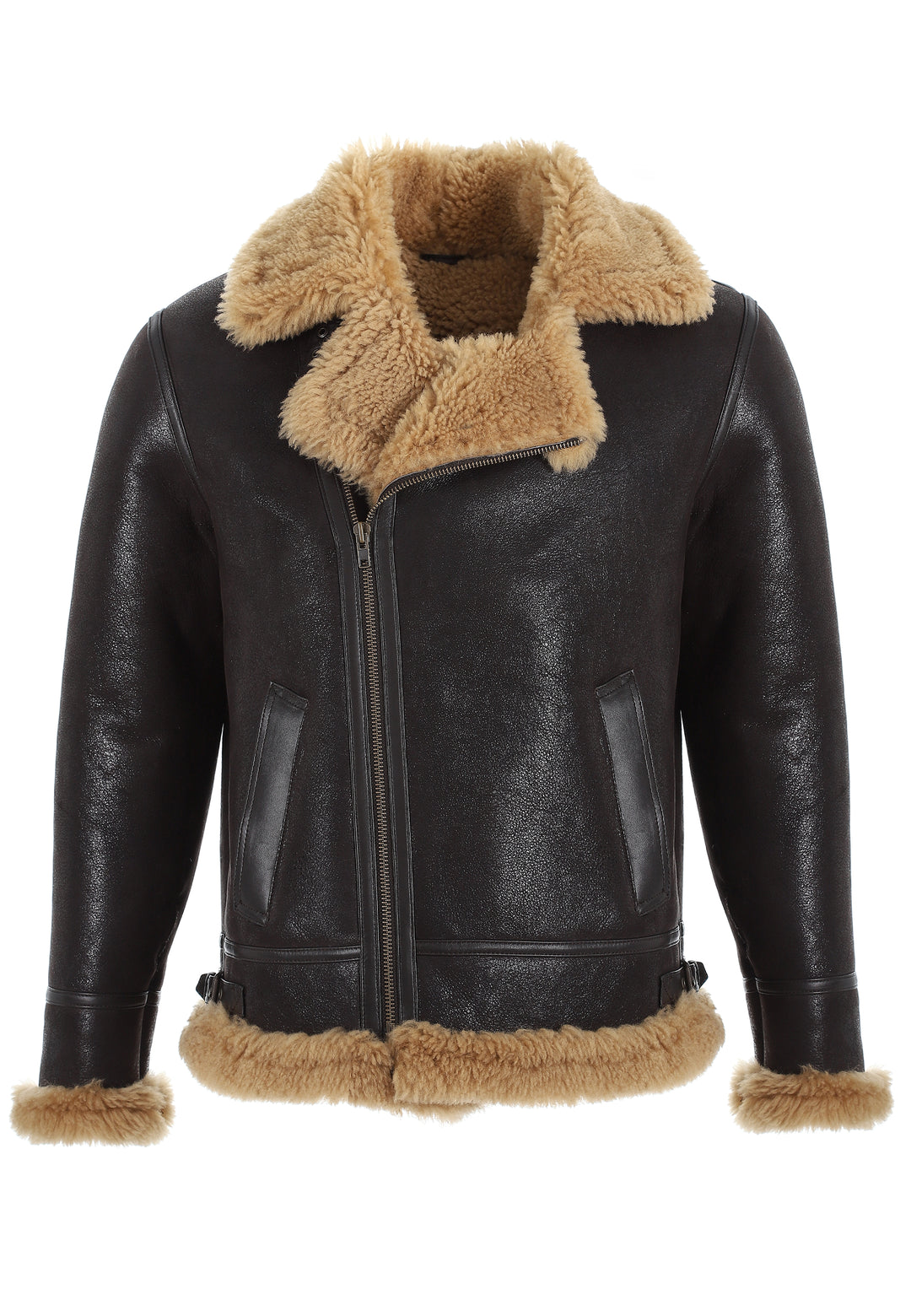 Mens Shearling Pilot Jacket - Vintage Brown - Ginger Curly Wool - 1