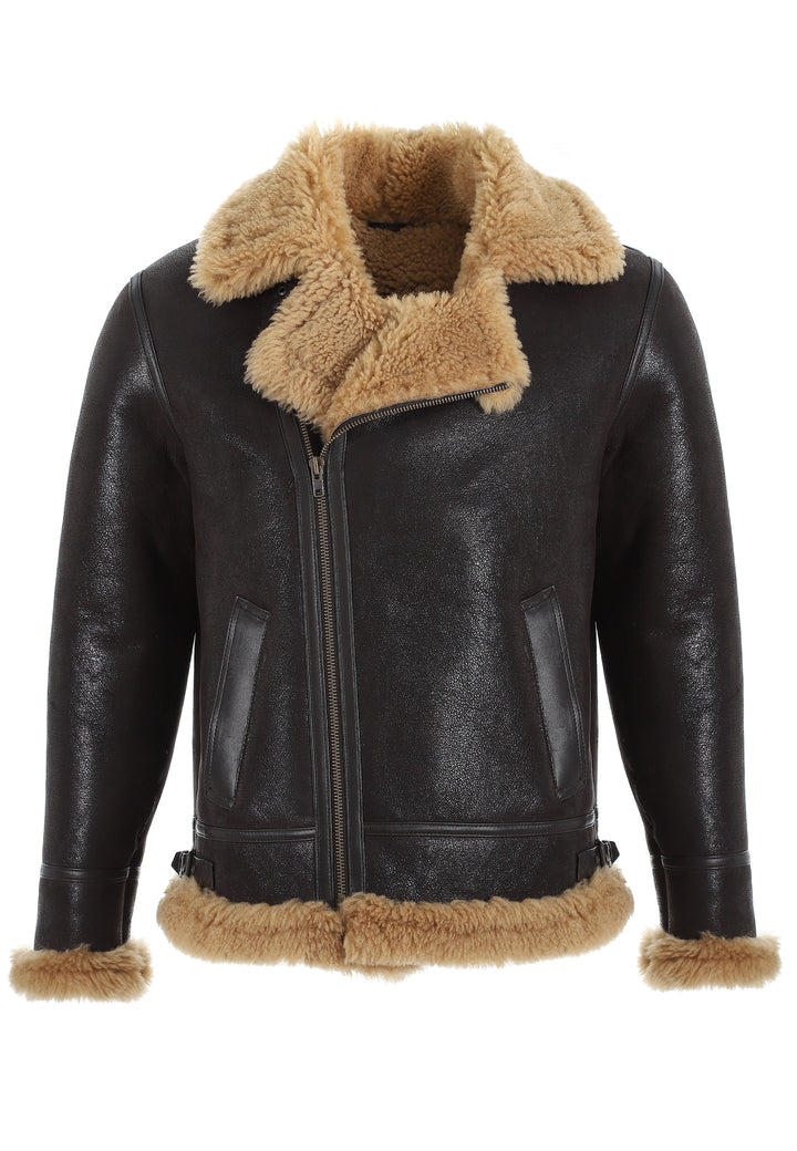 Mens Shearling Pilot Jacket - Vintage Brown - Ginger Curly Wool - 1