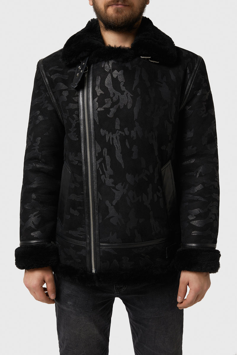 Men's Shearling Biker Jacket, Camouflage Printed with Black Wool