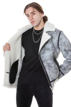 Image of Men's Shearling Biker Jacket, Natural Dying Grey with White Wool