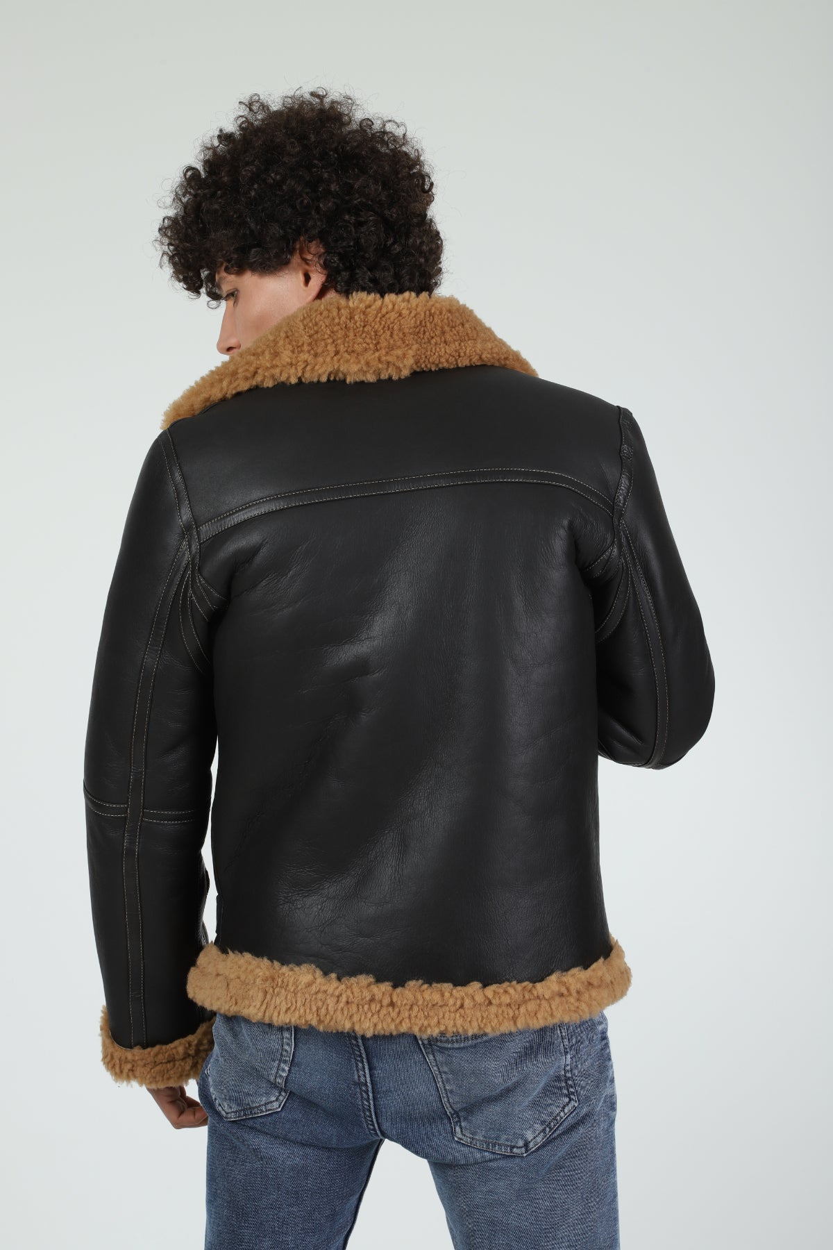 Men's Aviator Jacket, Silky Brown with Ginger Curly Wool