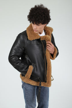 Image of Men's Aviator Jacket, Silky Brown with Ginger Curly Wool