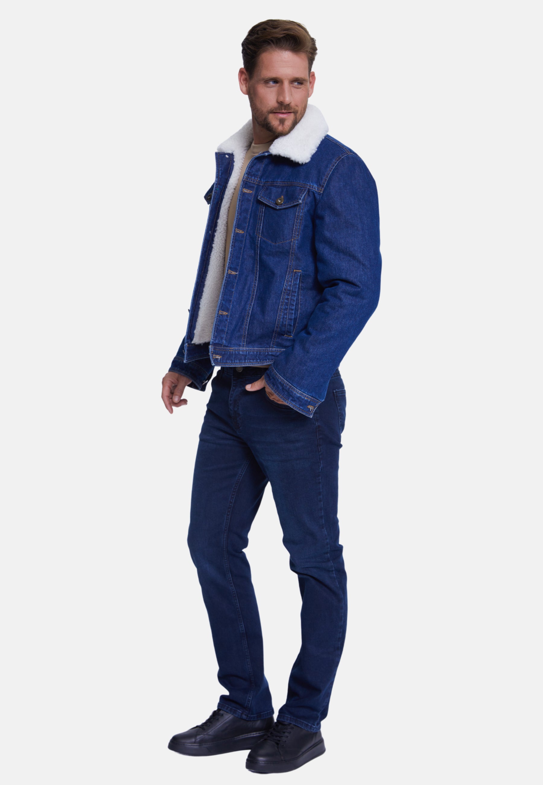 Men' Jeans Jacket , Dark Blue Jeans Whit White Curly Wool