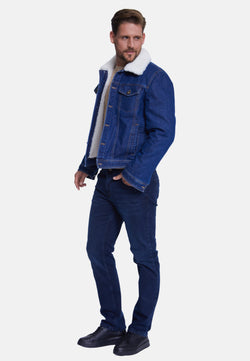 Image of Men' Jeans Jacket , Dark Blue Jeans Whit White Curly Wool