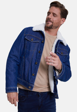 Image of Men' Jeans Jacket , Dark Blue Jeans Whit White Curly Wool