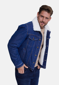 Image of Men' Jeans Jacket , Dark Blue Jeans Whit White Curly Wool