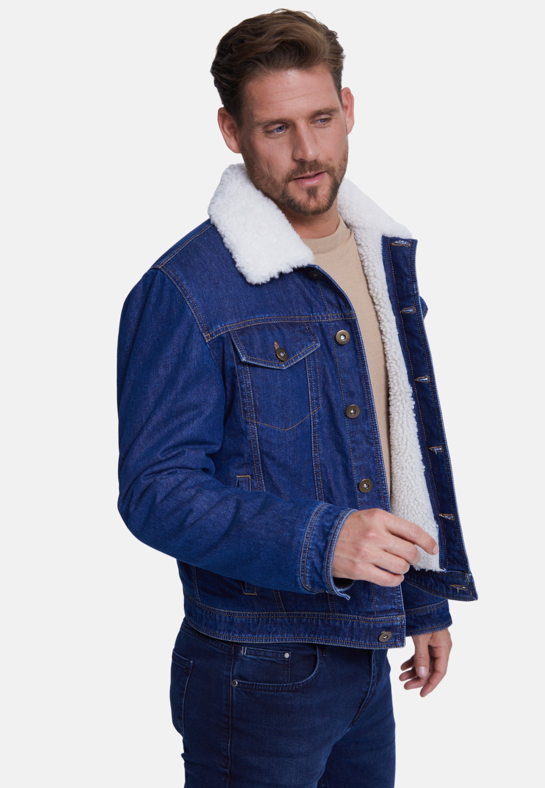 Men' Jeans Jacket , Dark Blue Jeans Whit White Curly Wool