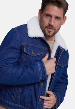 Image of Men' Jeans Jacket , Dark Blue Jeans Whit White Curly Wool