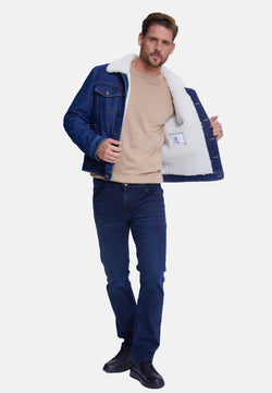 Image of Men' Jeans Jacket , Dark Blue Jeans Whit White Curly Wool