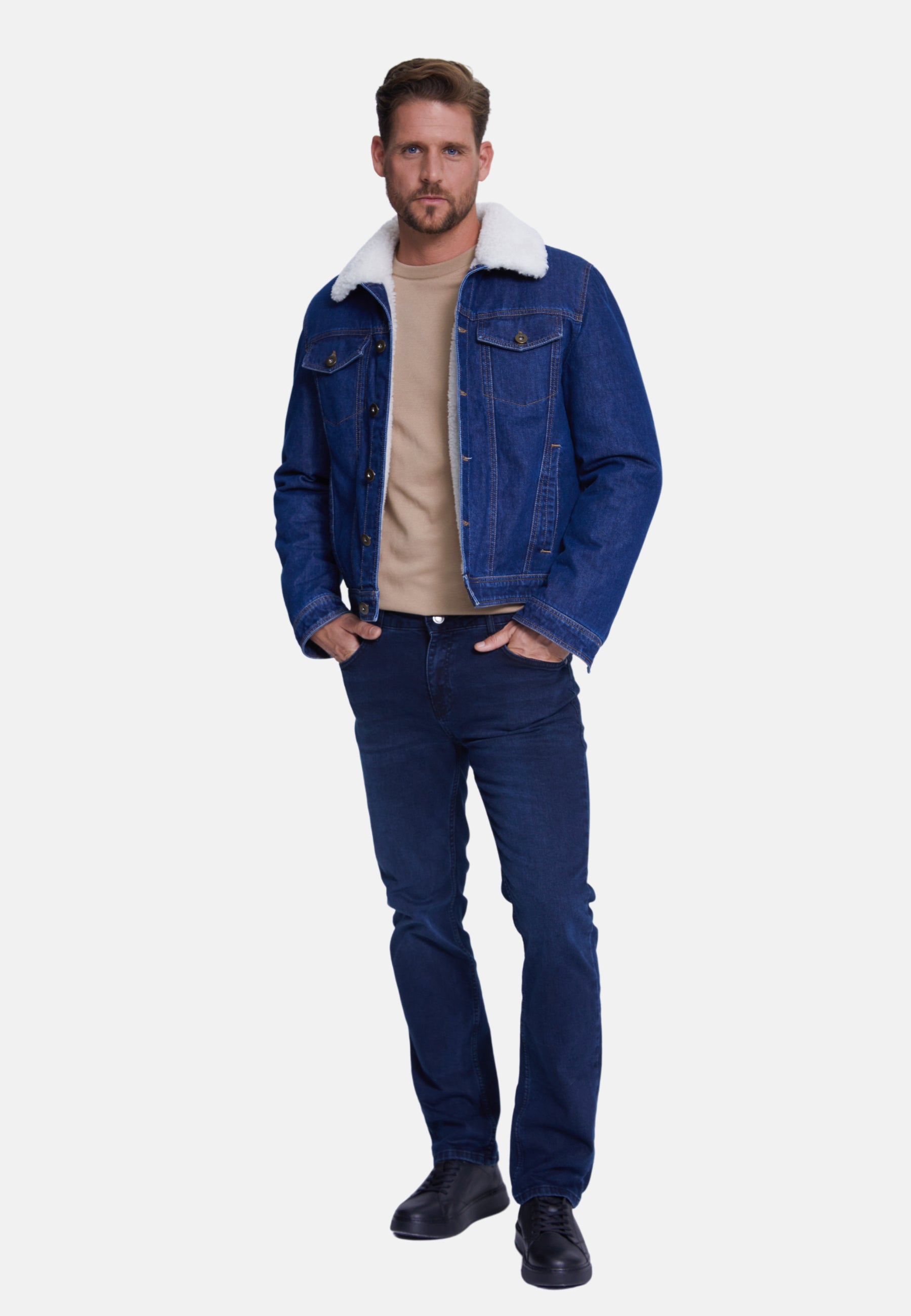 Men' Jeans Jacket , Dark Blue Jeans Whit White Curly Wool