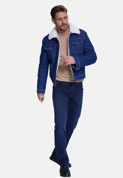 Image of Men' Jeans Jacket , Dark Blue Jeans Whit White Curly Wool