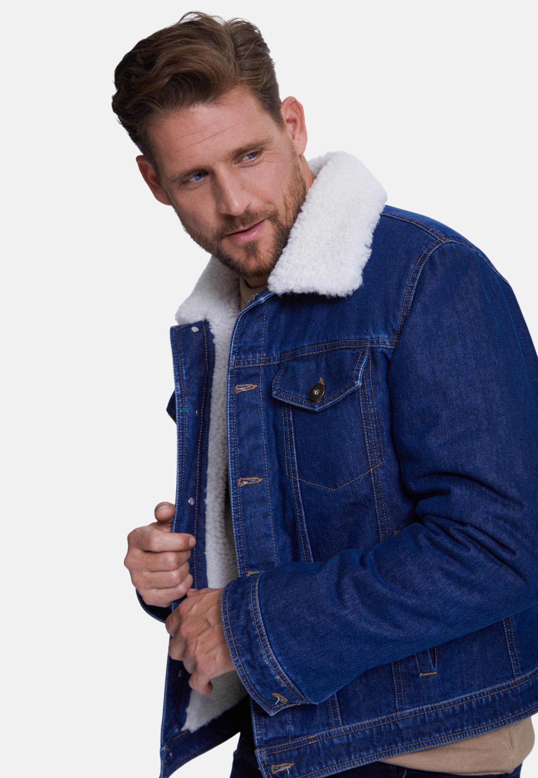 Men' Jeans Jacket , Dark Blue Jeans Whit White Curly Wool