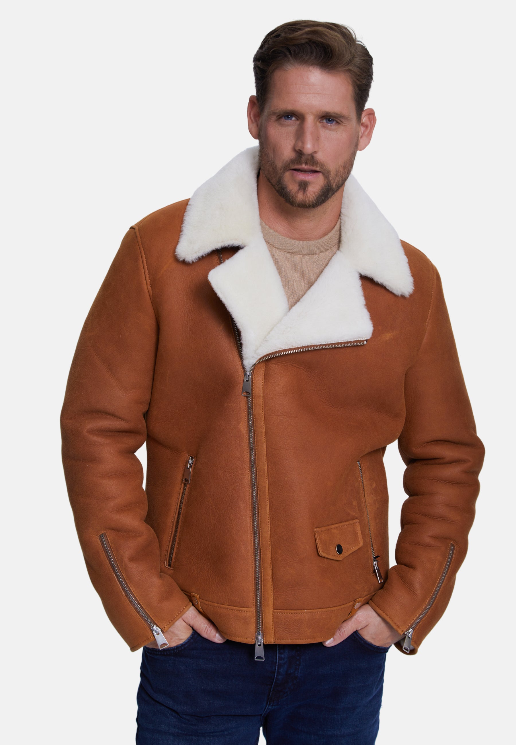 Men's Fashion Jacket, Washed Whiskey With White Wool