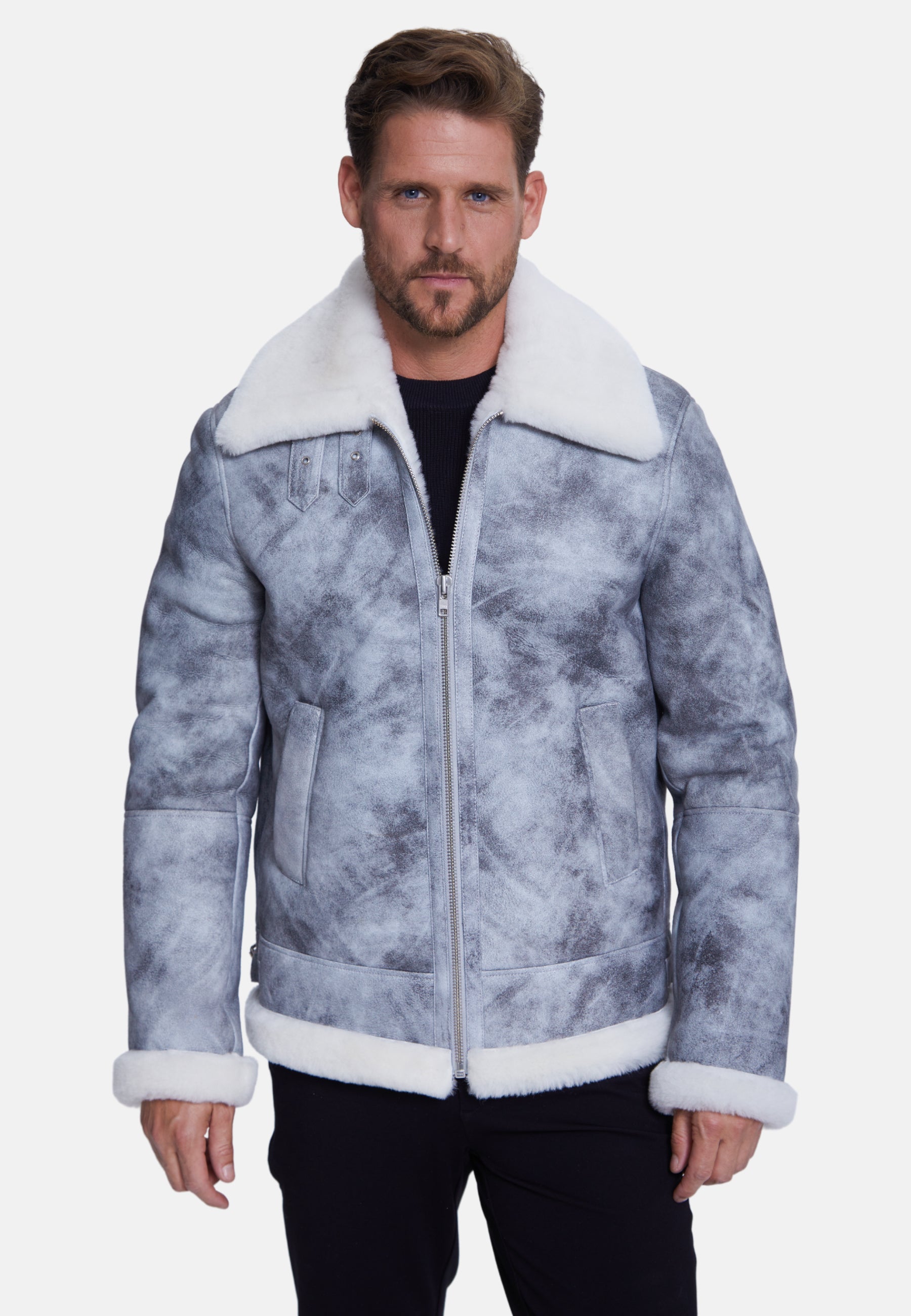 Men's Shearling Aviator Jacket, Jungle Greey White Wool