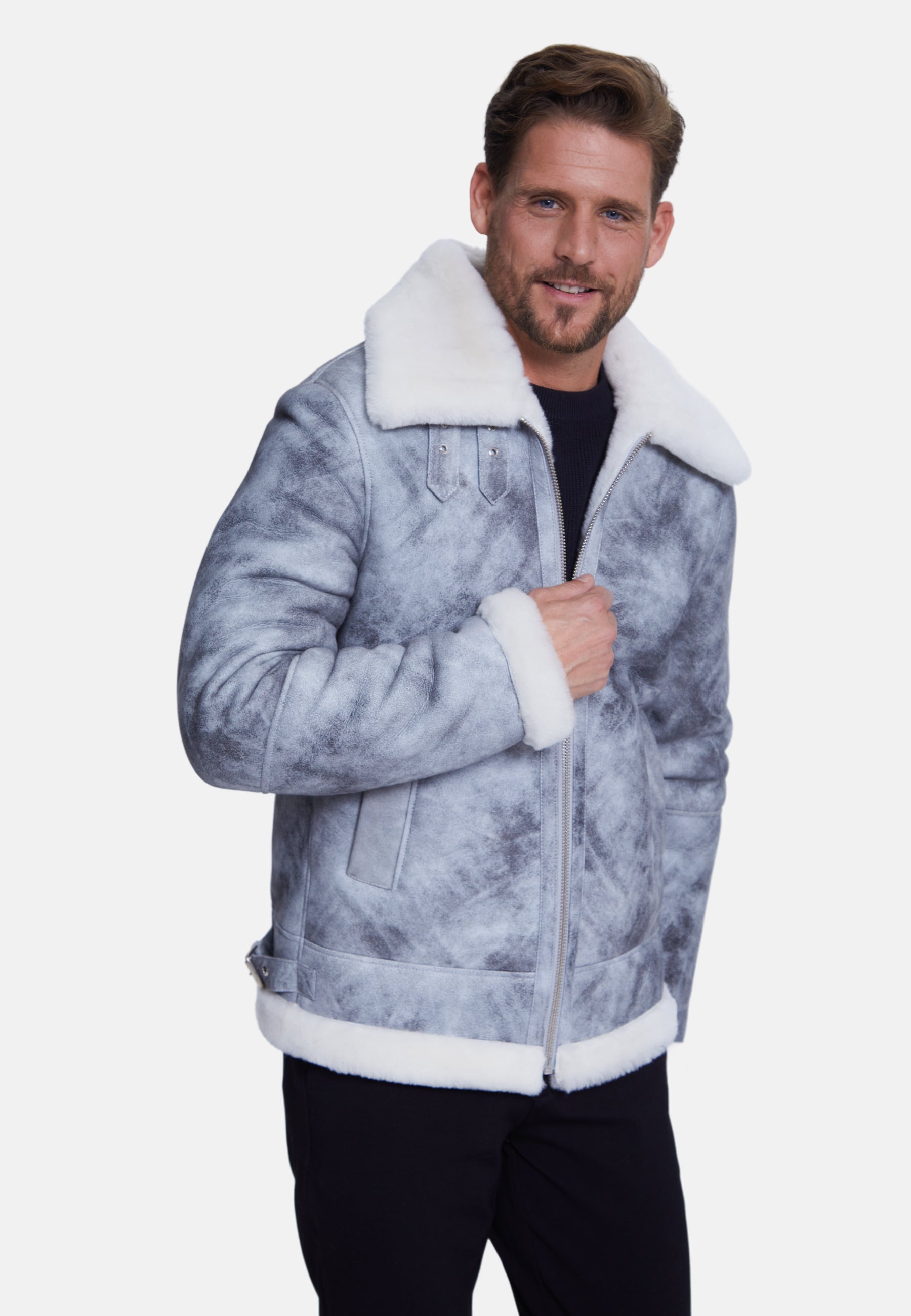 Men's Shearling Aviator Jacket, Jungle Greey White Wool