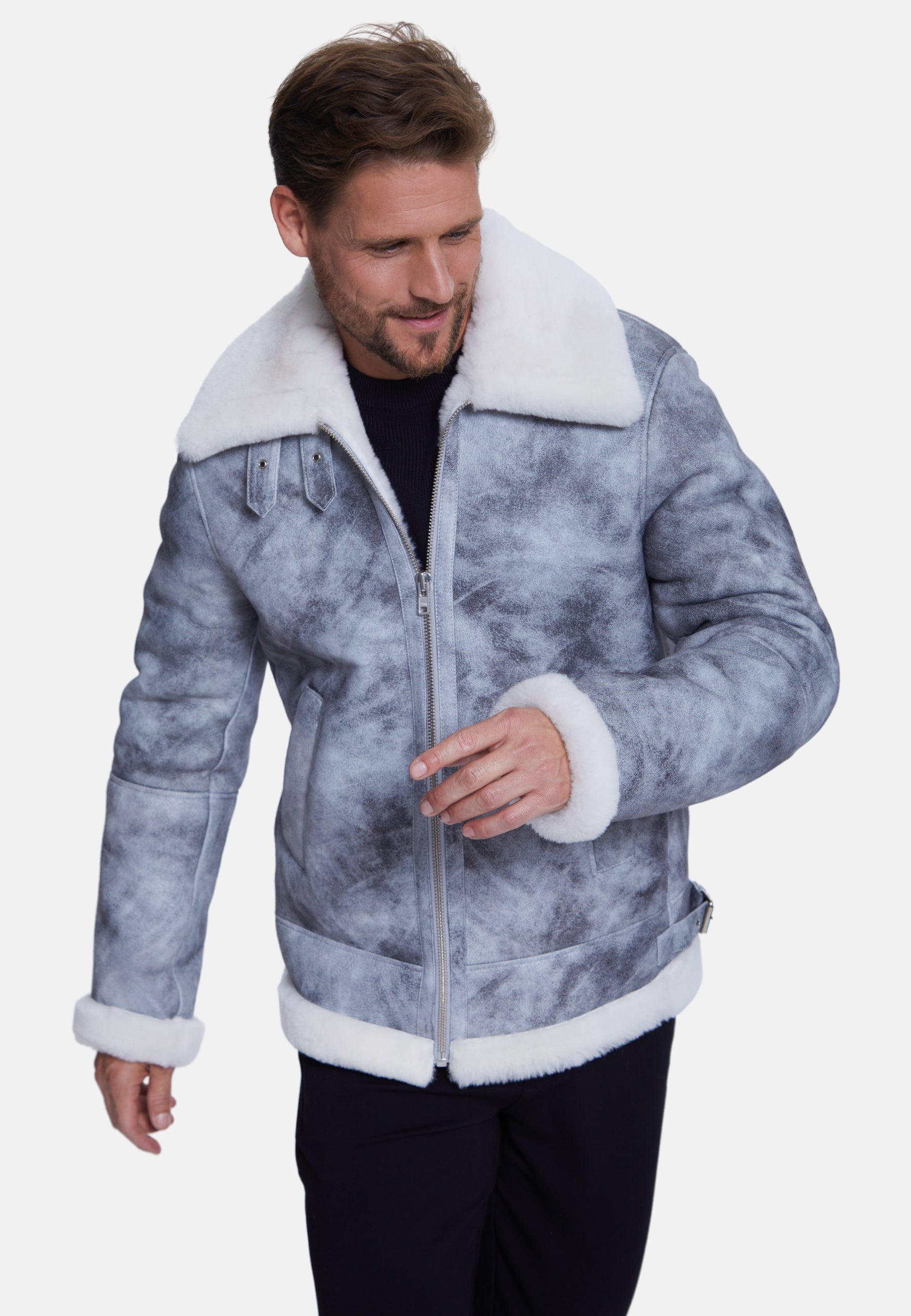 Men's Shearling Aviator Jacket, Jungle Greey White Wool