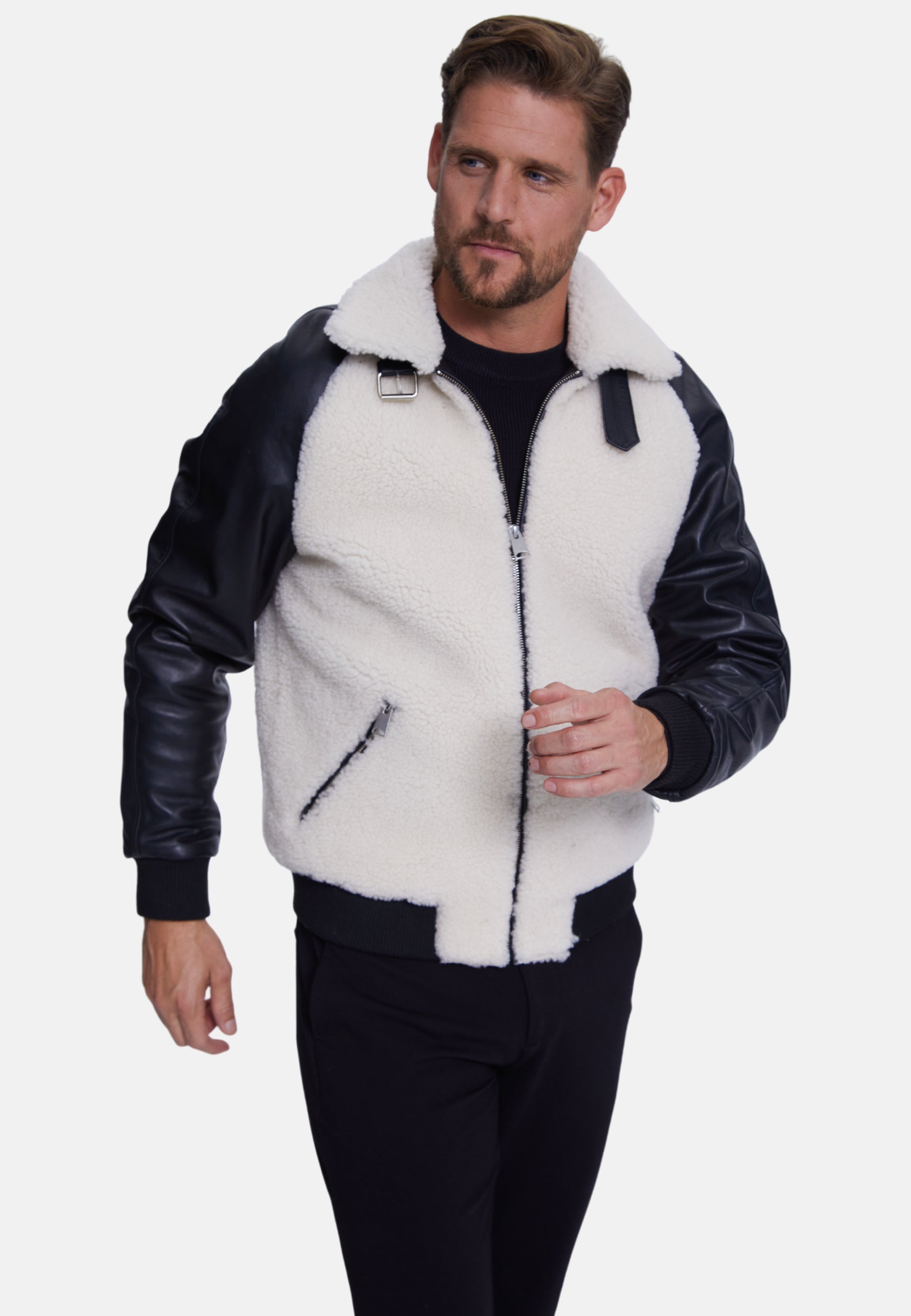 Men's Shearling Jacket, Silky Black With White Curly Wool