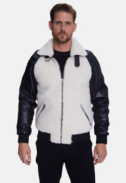 Image of Men's Shearling Jacket, Silky Black With White Curly Wool