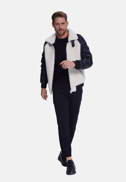 Image of Men's Shearling Jacket, Silky Black With White Curly Wool