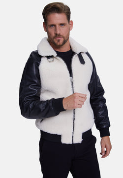 Image of Men's Shearling Jacket, Silky Black With White Curly Wool