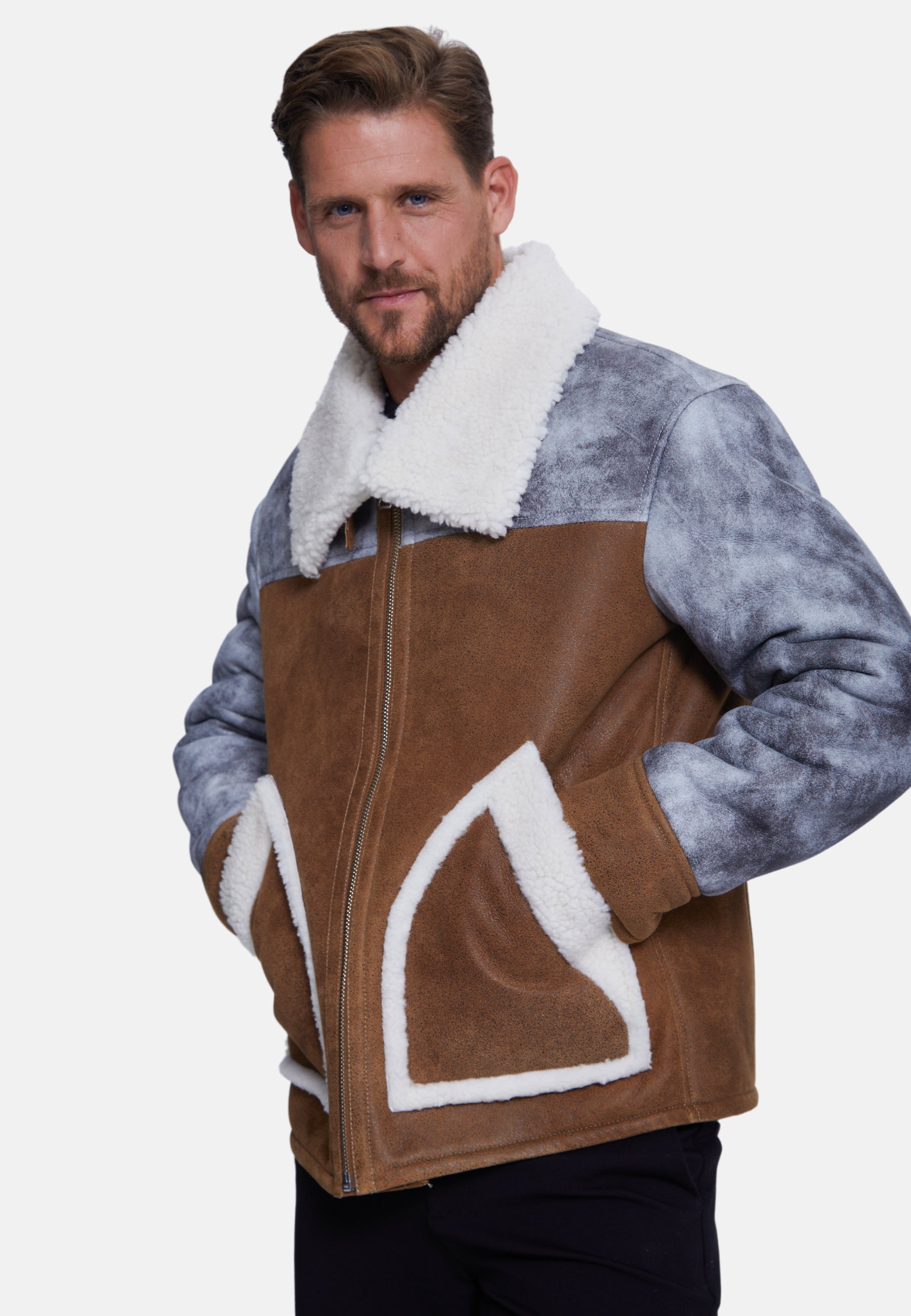 Men's Fashion Jacket, Stoning Light Brown With White Curly Wool