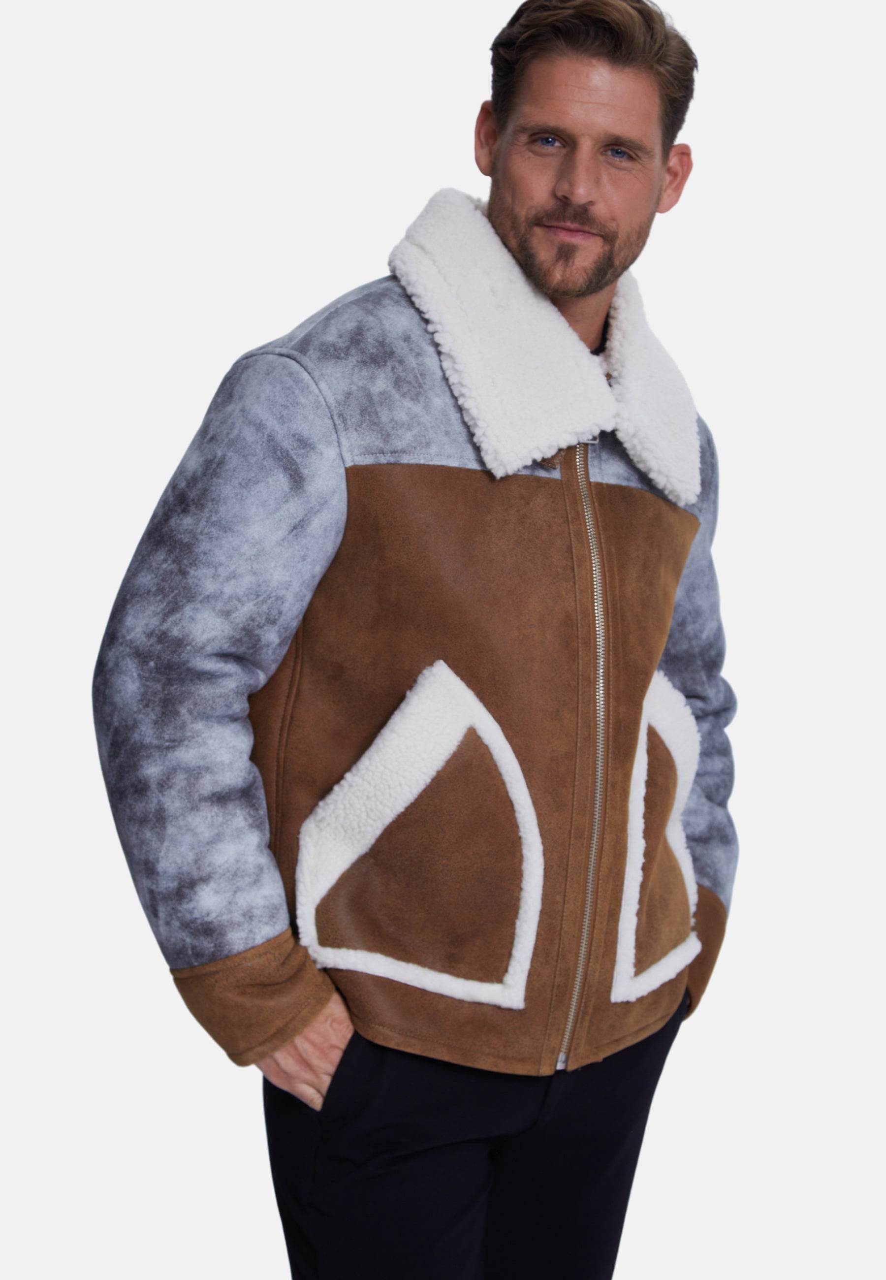 Men's Fashion Jacket, Stoning Light Brown With White Curly Wool