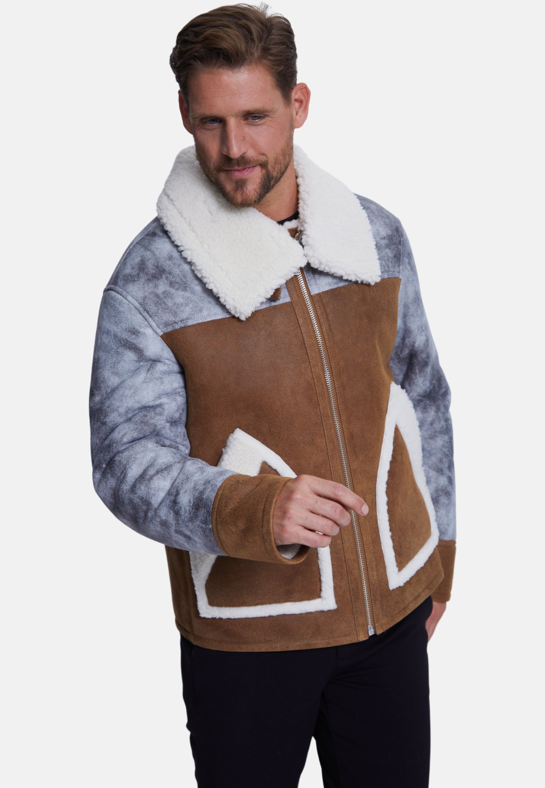 Men's Fashion Jacket, Stoning Light Brown With White Curly Wool