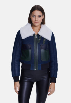 Image of Women's Fashion Jacket, Washed Navy With White Curly Wool