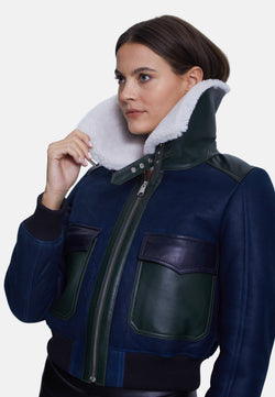 Image of Women's Fashion Jacket, Washed Navy With White Curly Wool