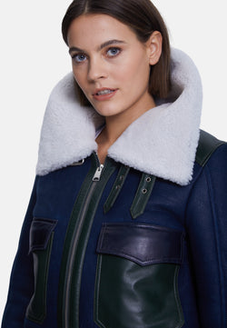 Image of Women's Fashion Jacket, Washed Navy With White Curly Wool