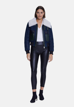 Image of Women's Fashion Jacket, Washed Navy With White Curly Wool