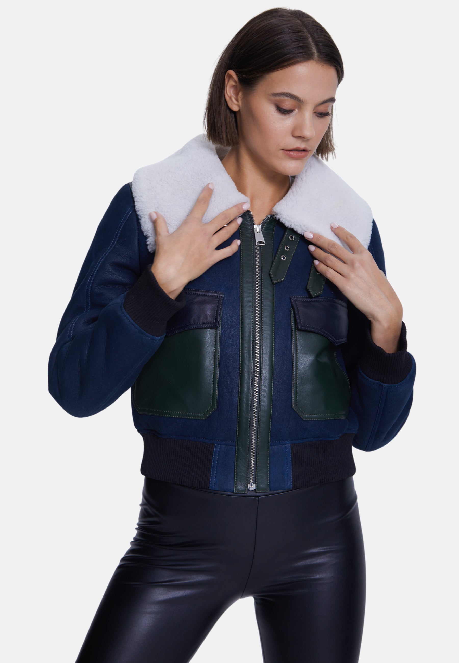 Women's Fashion Jacket, Washed Navy With White Curly Wool