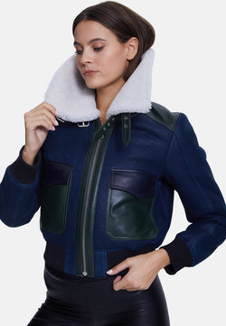 Image of Women's Fashion Jacket, Washed Navy With White Curly Wool